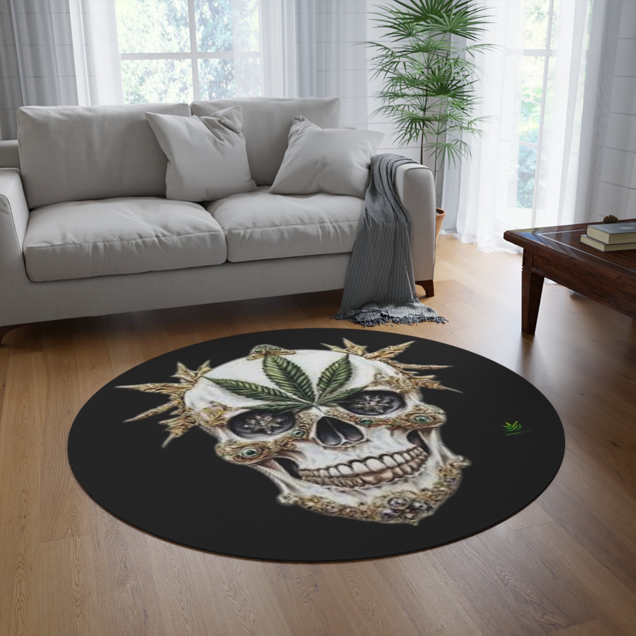 Cannabis Skull Round Rug — Gothic Marijuana Leaf Floor Mat