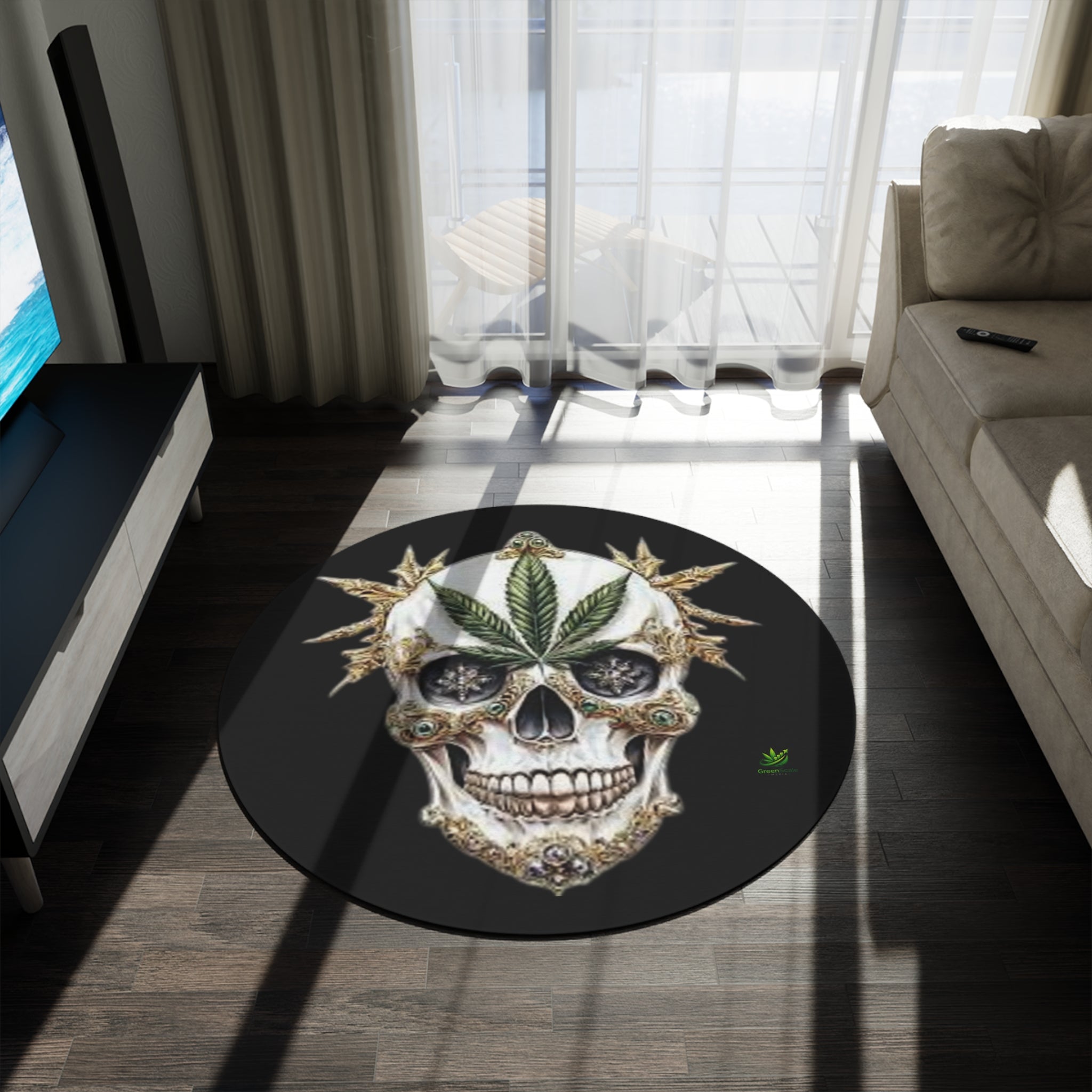 Cannabis Skull Round Rug — Gothic Marijuana Leaf Floor Mat