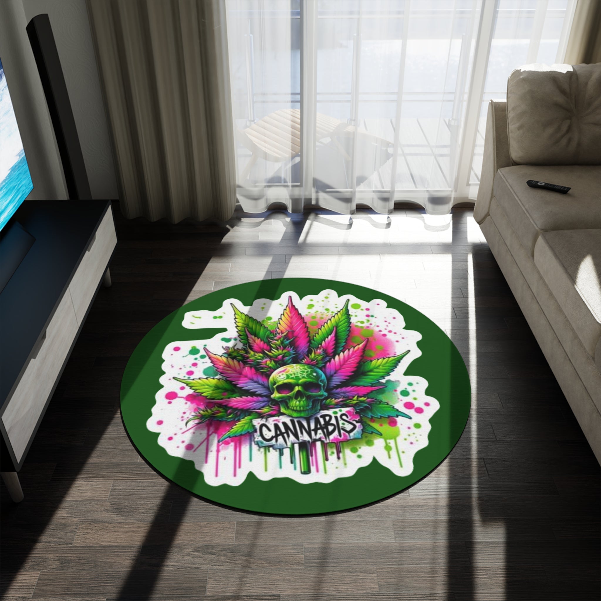 Cannabis Skull Round Rug — Neon Marijuana Leaf Boho Floor Mat