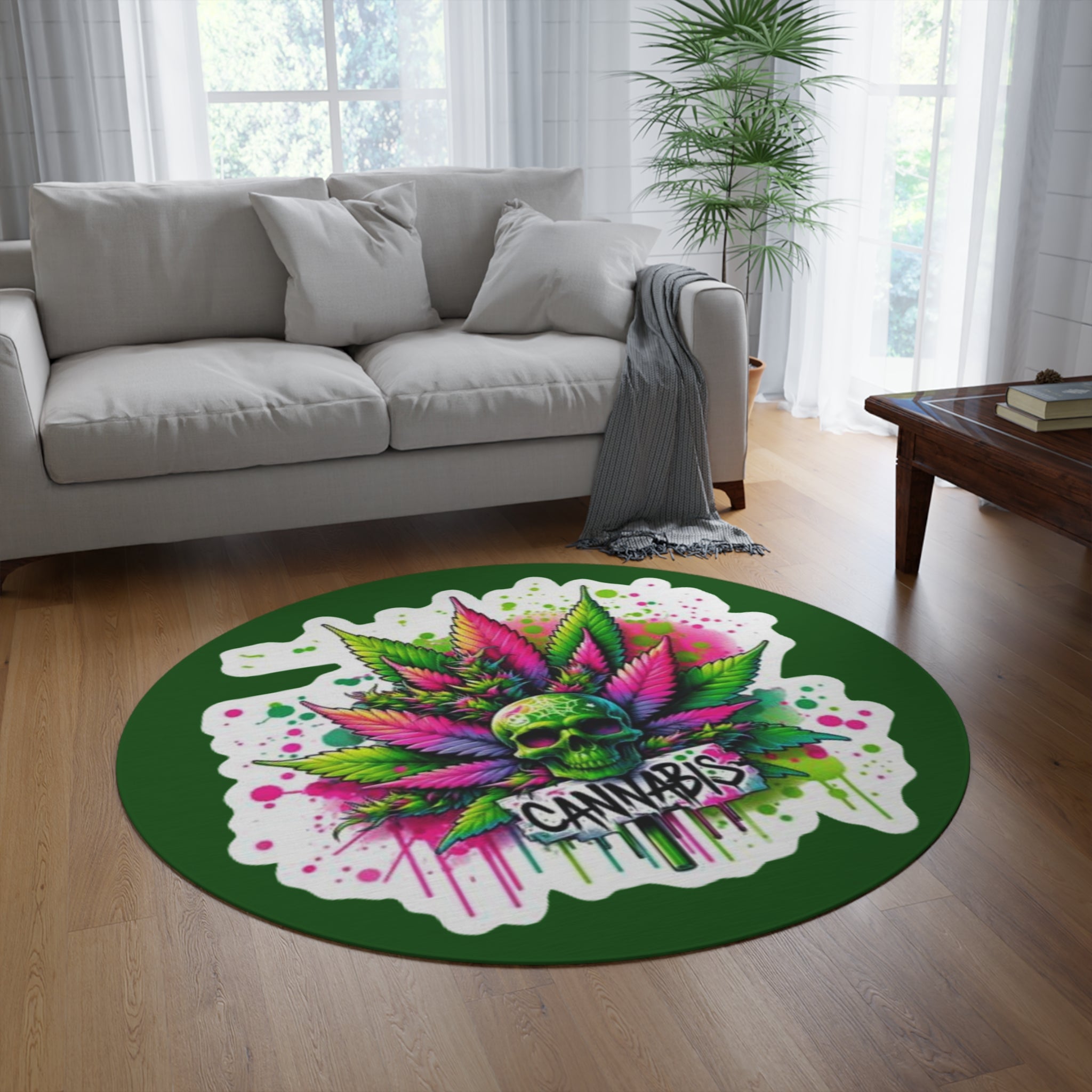 Cannabis Skull Round Rug — Neon Marijuana Leaf Boho Floor Mat