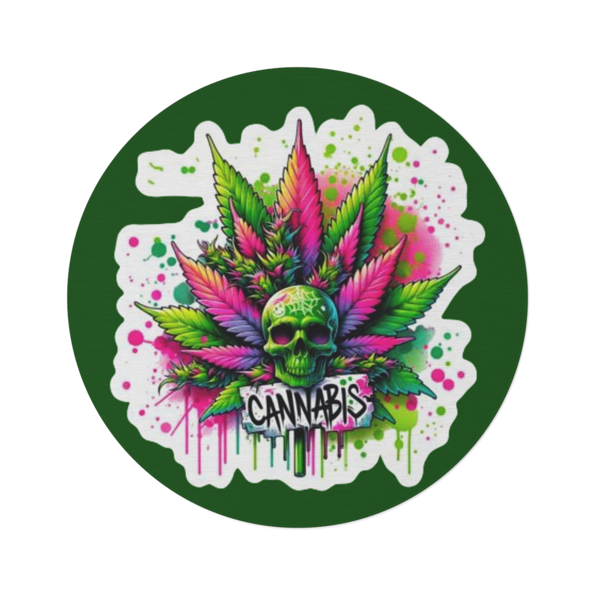 Cannabis Skull Round Rug — Neon Marijuana Leaf Boho Floor Mat