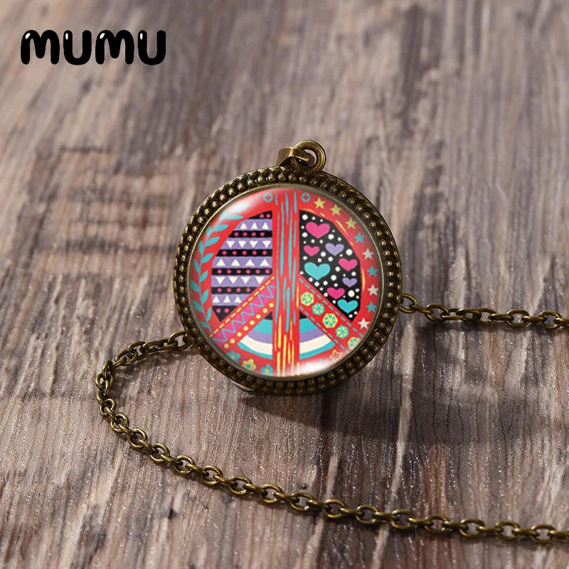 2023 New Hippy Peace Sign Necklace Art Painting Vintage Pendant Round Printed Photo Glass Dome Jewelry Handmade Items