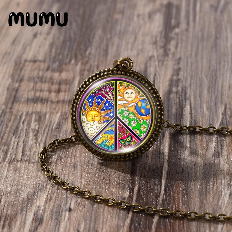 2023 New Hippy Peace Sign Necklace Art Painting Vintage Pendant Round Printed Photo Glass Dome Jewelry Handmade Items
