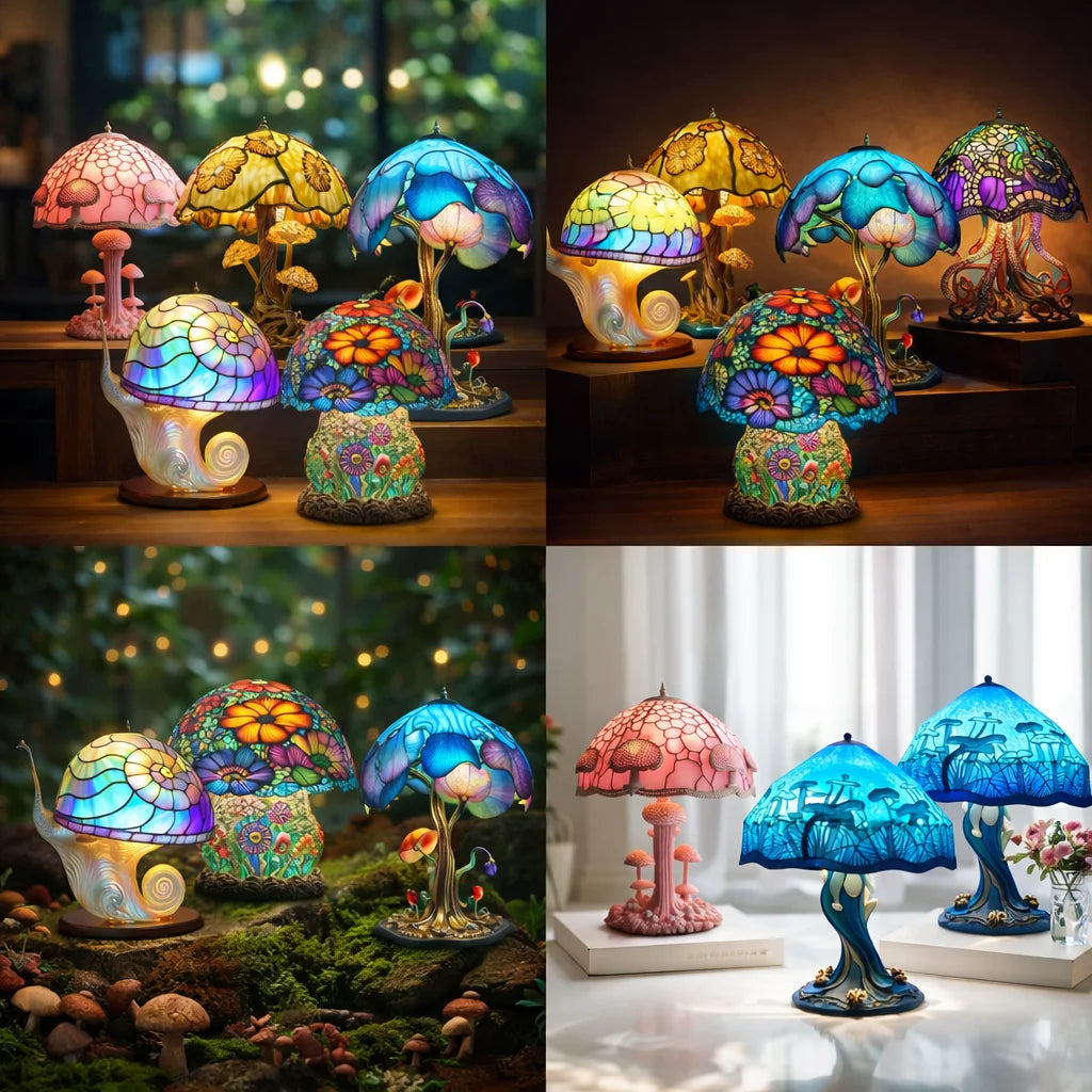 Flower Mushroom Night Light Resin Carved Atmosphere Lamp Led Table Lamp Bedroom Living Room Home Decoration Gift