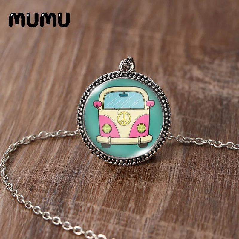 2023 New Hippy Peace Sign Necklace Art Painting Vintage Pendant Round Printed Photo Glass Dome Jewelry Handmade Items